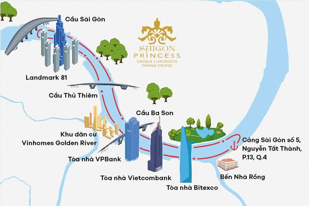 Bản đồ lộ trình du thuyền Saigon Princess, đi qua các địa danh nổi bật như Bến Nhà Rồng, Bitexco, Landmark 81, cầu Thủ Thiêm và cầu Sài Gòn, mang đến góc nhìn hoàn hảo về thành phố.